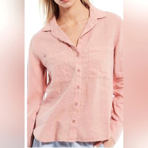 Cloth & Stone Linen Pink Button Down Shirt V Neck Long Sleeve Casual Workwear S - Picture 2 of 13